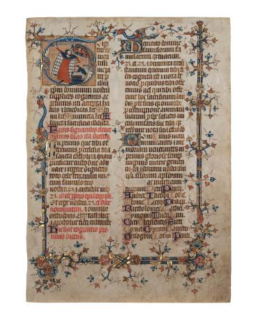 Missal leaf - headed by the initial T with sacrifice of Isaac. Borders in color and gold