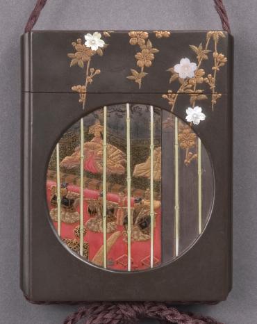 Inro:  Court Ceremony Seen Through a Circular Grill and Blossoming Cherry