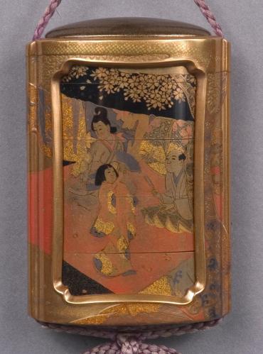 Inro: (front) dancing and music under blossoming cherry tree; (back) samurai and attendant with blossoming cherry branch