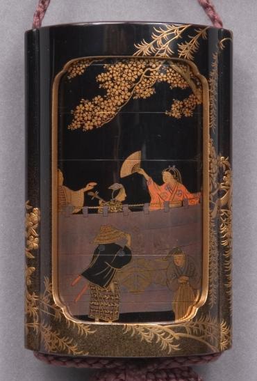 Inro: picnickers behind a crested curtain