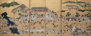 One of a pair of six-fold screens with "Scenes Around the Kamo River, Kyoto"