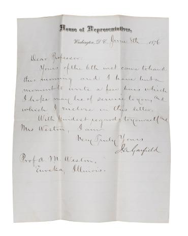 Autographed letter from J. A. Garfield to Professor A. M. Weston, Eureka, Illinois