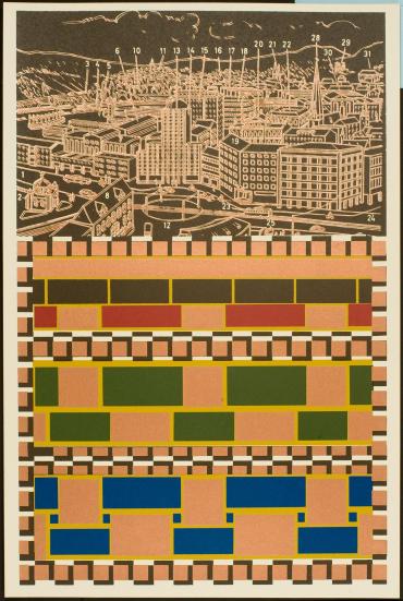 Untitled (Numbered cityscape in copper and black at top)