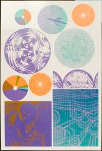 Untitled (Stylized seahorse in purple and orange in upper right)