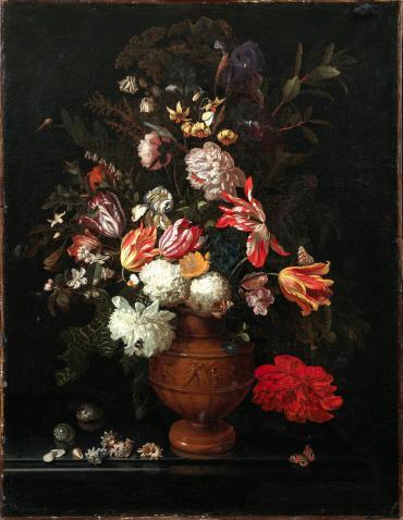 A bouquet of flowers in a Rhine stoneware vase on an entablature with an arrangement of shells
