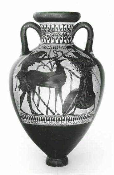 Pointed Neck-Amphora (storage vessel): Herakles (Hercules) and the stag in the presence of Athena and Amphora Stand