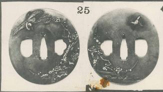 Sword Guard (Tsuba):  (front) Crane Flying over a Blooming Plum Tree; (back) Sparrow Flying over a Stream and a Tree