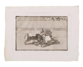 Caida de un picador de su caballo debajo del toro. (Fall of a picador from his horse under the bull)  (From "Tauromachios" - No. 26)