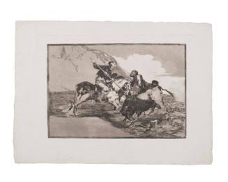 Modo con que los antiguos espanoles cazaban los toros a ballo en el campo. (The way ancient Spaniards baited the bull in the open) (From "Tauromachios" - No. 1)