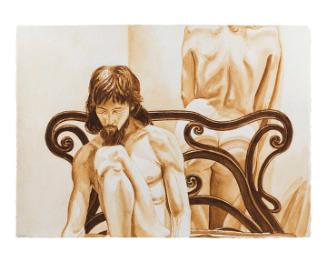 Male Model Seated On A Cast Iron Bed, Female Standing Nearby