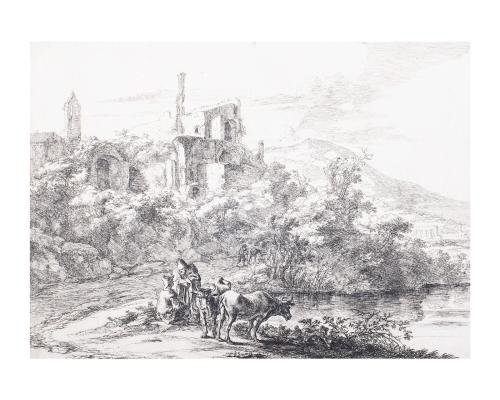 Landscape with Ruins and Two Cows at the Waterside, from Landscapes of the Environs of Rome