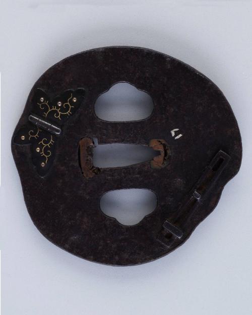 Sword Guard (Tsuba):  (front) Fixtures for a Door; (back) Hinge in the Shape of a Butterfly