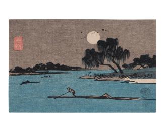 Log-raft on River; full moon