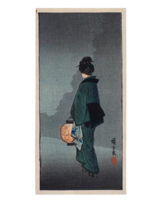 Night scene; girl with lantern