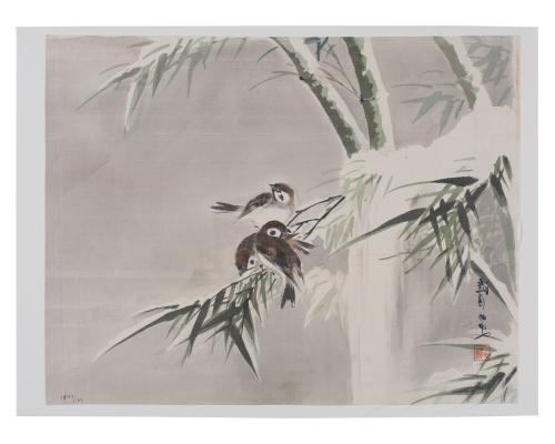 Sparrows on Bamboo in Snow