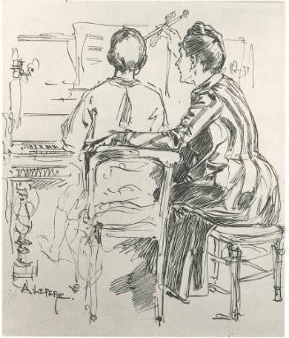 The Music Lesson (recto); Study of a family at a table, studies of hands (verso)