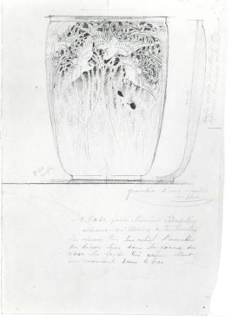 Design for a vase (recto); design for a hanging lamp? and a tassle? (verso)