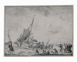 Boats Setting Sail from a Beach with By-Standers and a Boy Flying a Kite on a Shore from The River IJ and Seascapes