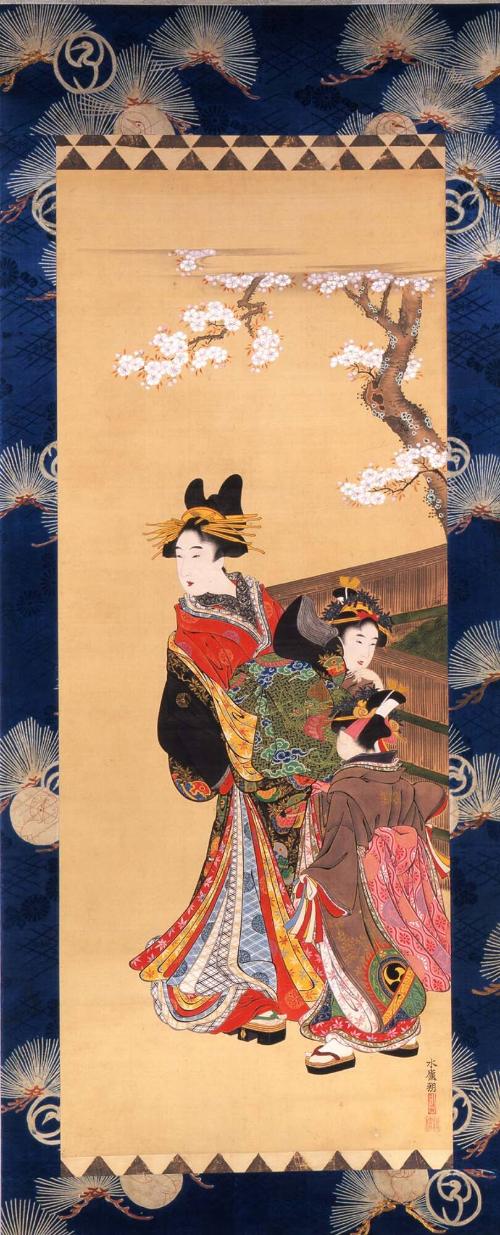 Courtesan and Two Kamuro Beneath a Flowering Cherry