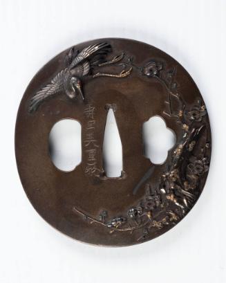 Sword Guard (Tsuba):  (front) Crane Flying over a Blooming Plum Tree; (back) Sparrow Flying over a Stream and a Tree