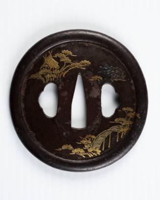 Sword Guard (Tsuba):  (front) Temple House, Temple Bridge and Trees; (back) Temple Gate and Trees