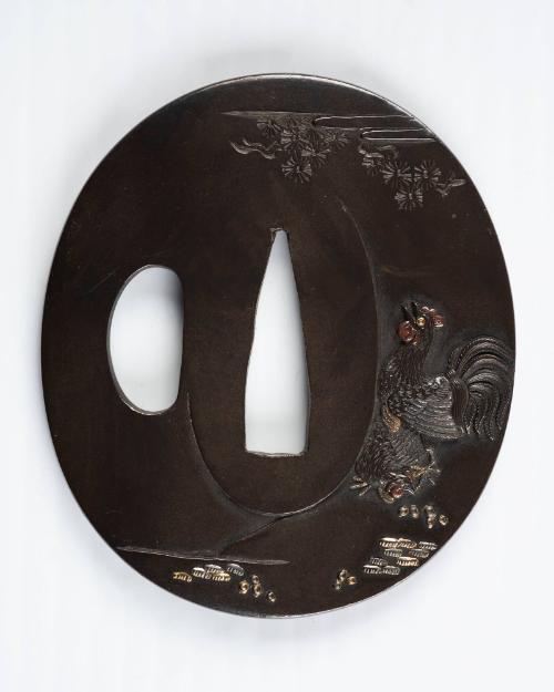 Sword Guard (Tsuba):  (front) Cock and Hen; (back) Tree and Stream