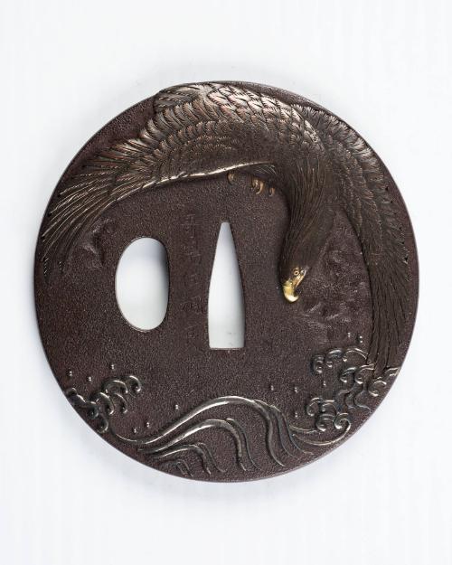 Sword Guard (Tsuba):  (front) Eagle above Waves; (back) Monkey in Tree with Storm Cloud Above