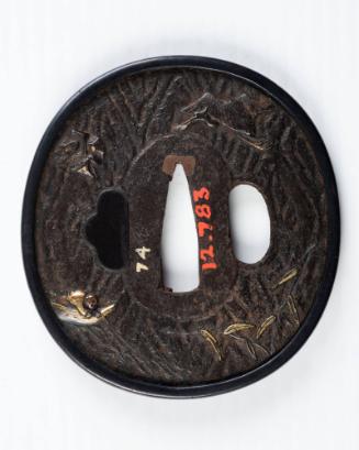 Sword Guard (Tsuba):  (front)  Hotei, God of Good Luck, with a Bag; (back) Ebisu (?), God of Daily Food, in a Boat with Crane, Symbol of Longevity, Flying Above