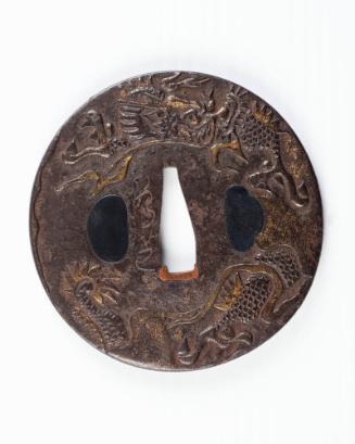 Sword Guard (Tsuba): (front) dragon amid flames and clouds; (back) clouds, flames, and a glimpse of the dragon's body