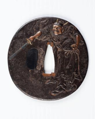 Sword Guard (Tsuba):  (front) Shoki, the Demon Queller; (back) Tree and Stream