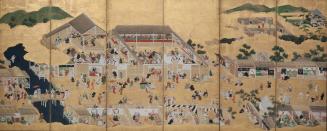 One of a pair of six-fold screens with "Scenes Around the Kamo River, Kyoto"