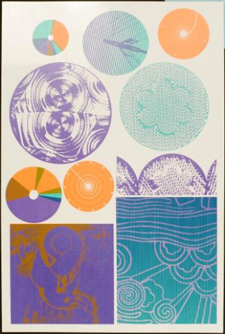 Untitled (Stylized seahorse in purple and orange in upper right)