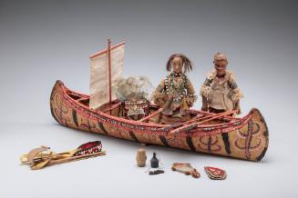 Birchbark Model Canoe and Three Dolls with Assorted Equipment