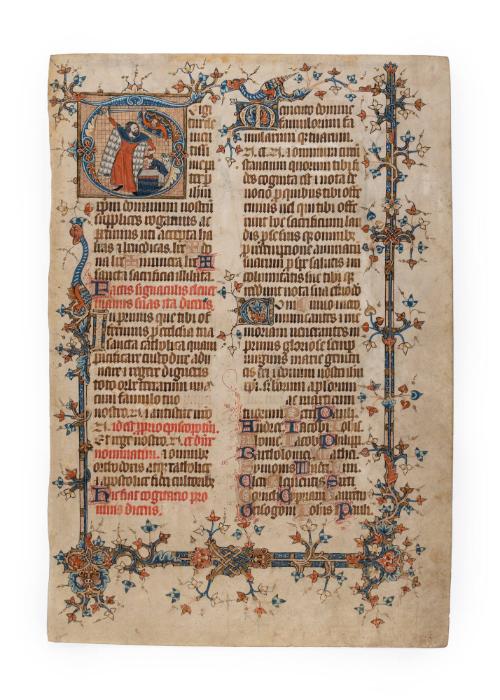 Missal leaf - headed by the initial T with sacrifice of Isaac. Borders in color and gold